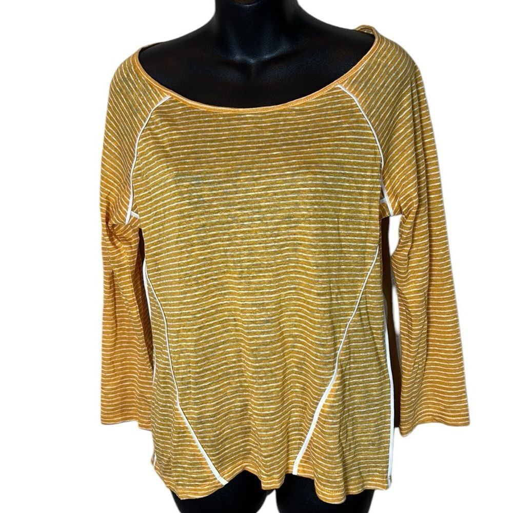 Sundance women’s small 100% linen striped yellow white‎ long sleeve scoop neck